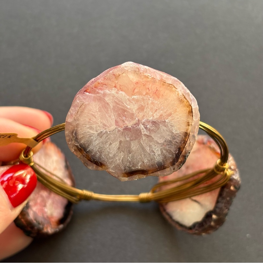 Gold Wire Wrapped Pink & Black Agate Bangle Bracelet | 62g - Picture 7 of 8